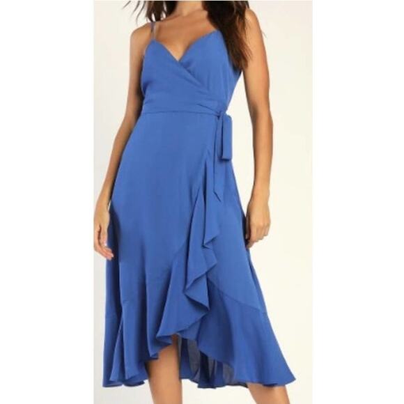 Lulus Manhattan Moment Blue Ruffle Midi Wrap Dress Women’s S High Low GUC - Picture 1 of 11